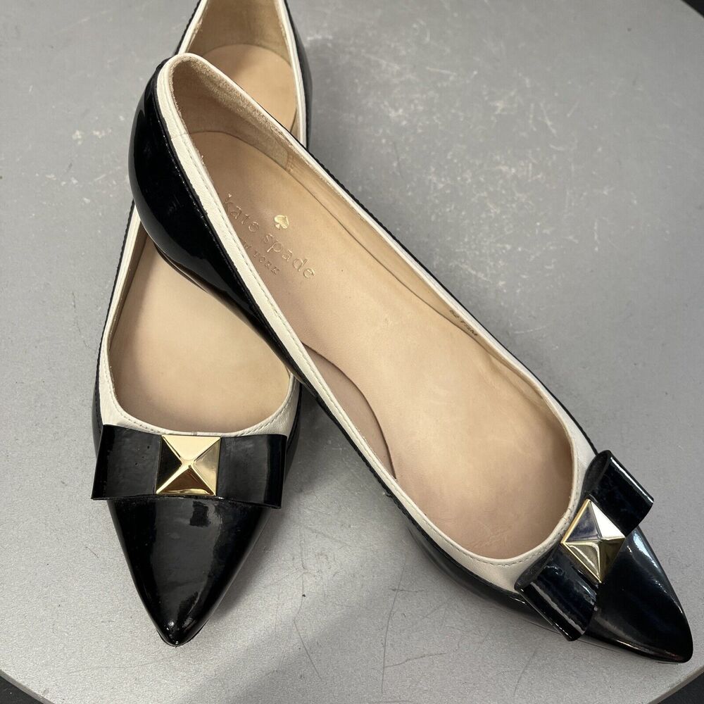 Kate Spade New York Anika Black Cream Nappa Leather Pointed Toe Pumps Shoe 7.5 - Picture 2 of 8